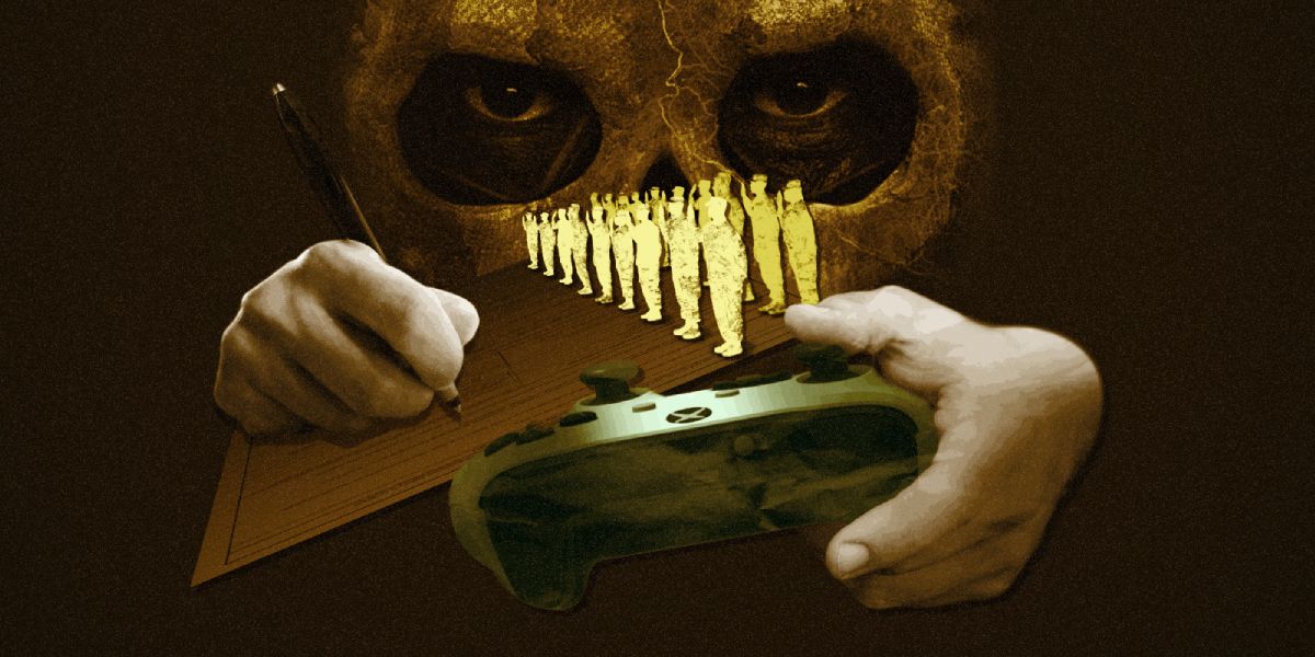 A skull hands you a controller while signing you up for the army
